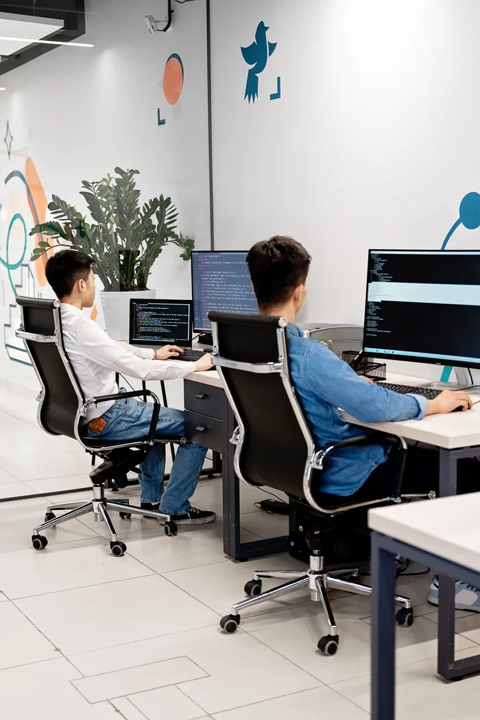 Entwickler arbeiten an Code an ihren Monitoren